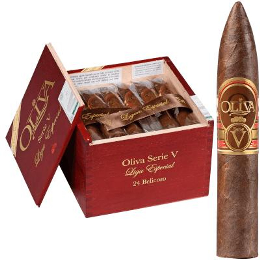 Oliva Cigars Oliva Serie V Cigars Belicoso 24 Ct. Box 5.00X54, open box of premium cigars with one cigar standing next to the box displayed.