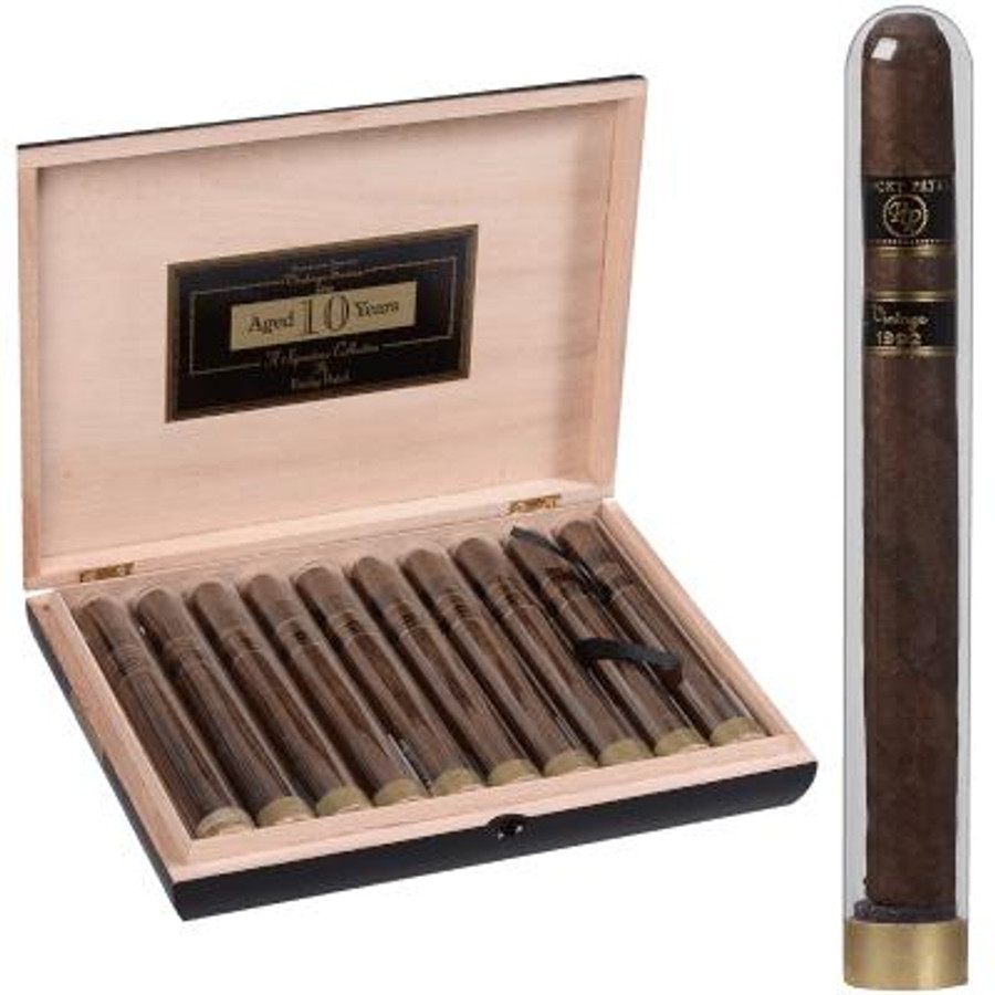 Rocky Patel Vintage 1992 Cigars Churchill Tubos 10 Ct. Box 7.00X48, showcasing a wooden humidor containing ten cigars and a single cigar outside the box.