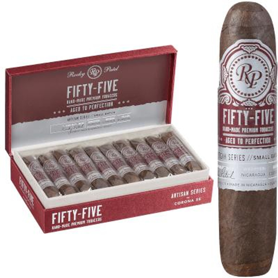 Rocky Patel Fifty-Five Cigars Corona 20 Ct. Box, open box displaying twenty cigars with detailed packaging and a single cigar standing upright next to the box.