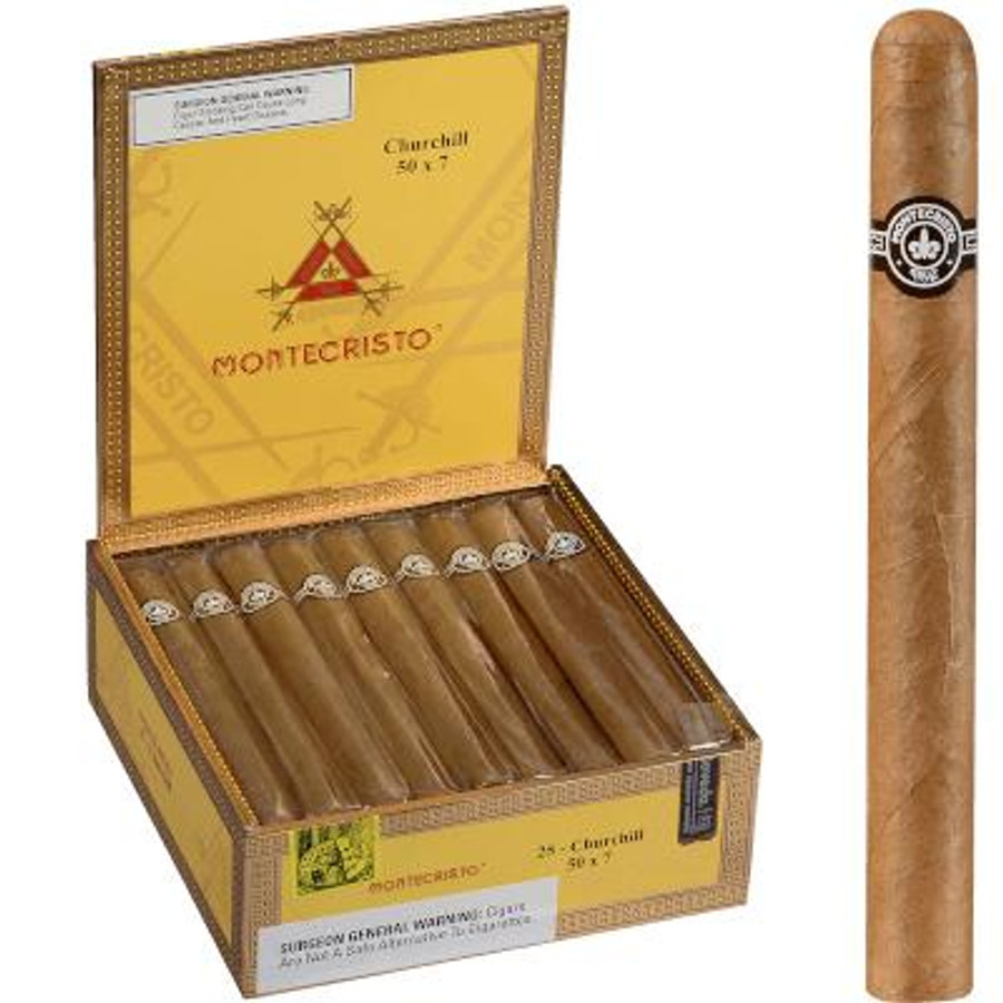 Montecristo Cigars Churchill Natural 25 Ct. Box 7.00X50, open cigar box displaying 25 cigars inside and one cigars standing upright outside the box.