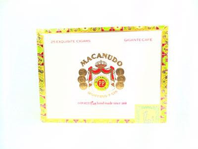 Macanudo Cafe Cigar Gigante 25 Ct. Box 6.00X60, packaging of cigars with colorful border and Macanudo logo in the center.