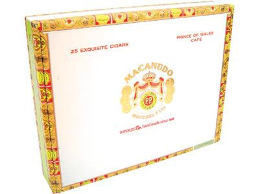 Macanudo Cafe Prince Of Wales Cigars Gigante 25 Ct. Box, image showing the front of a colorful cigar box with the brand logo and product details.
