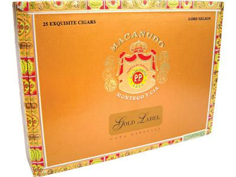 Macanudo Gold Label Shakespeare Cigar Lonsdale 25 Ct. Box, front view of the orange packaging with gold accents and the Macanudo logo.