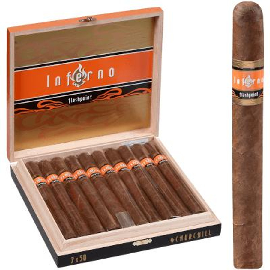 Inferno Flashpoint by Oliva Cigars Churchill 10 Ct. Box 7.00X50, wooden cigar box with 10 cigars inside, open lid showing cigars and branding, one cigar with band outside the box.