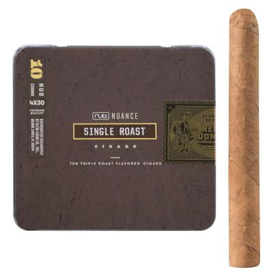 Nub Nuance Single Roast Cigars 5/10 Tins 4.00X30, a rectangular tin box with the product label and a cigar placed beside it.