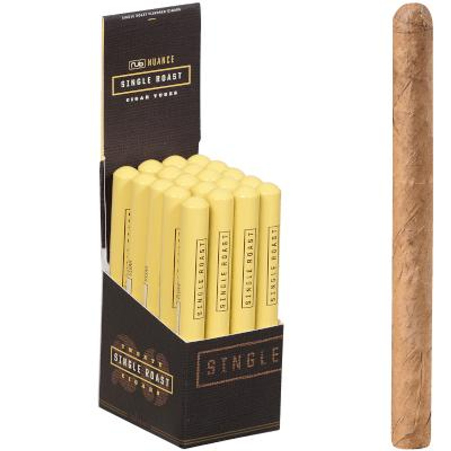 Nub Nuance Single Roast Tubos Cigars 20 Ct. Box 4.75X30, image showing a black and yellow packaging box containing 20 yellow tubular cigar tubes next to a single unwrapped cigar.