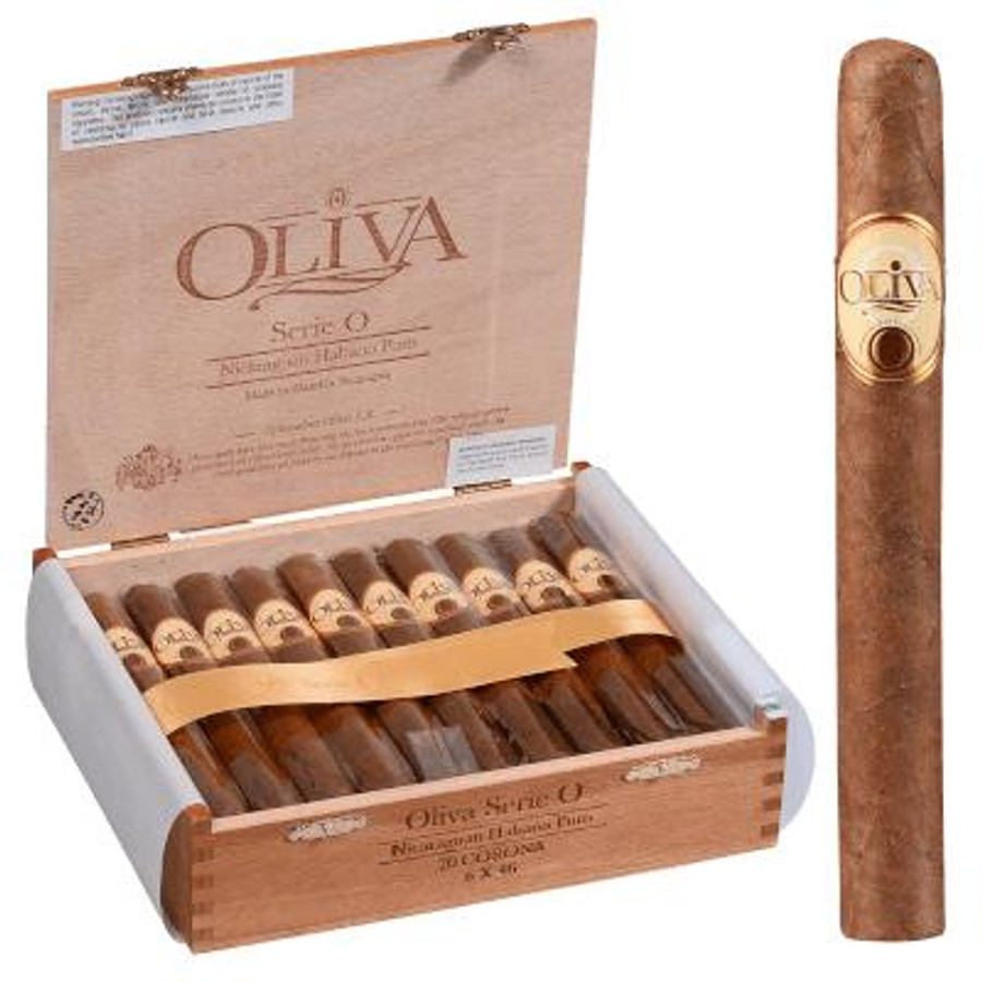 Oliva Cigars Oliva Serie O Cigars Corona 20 Ct. Box, a wooden box containing twenty cigars with a single cigar placed outside the box for display.