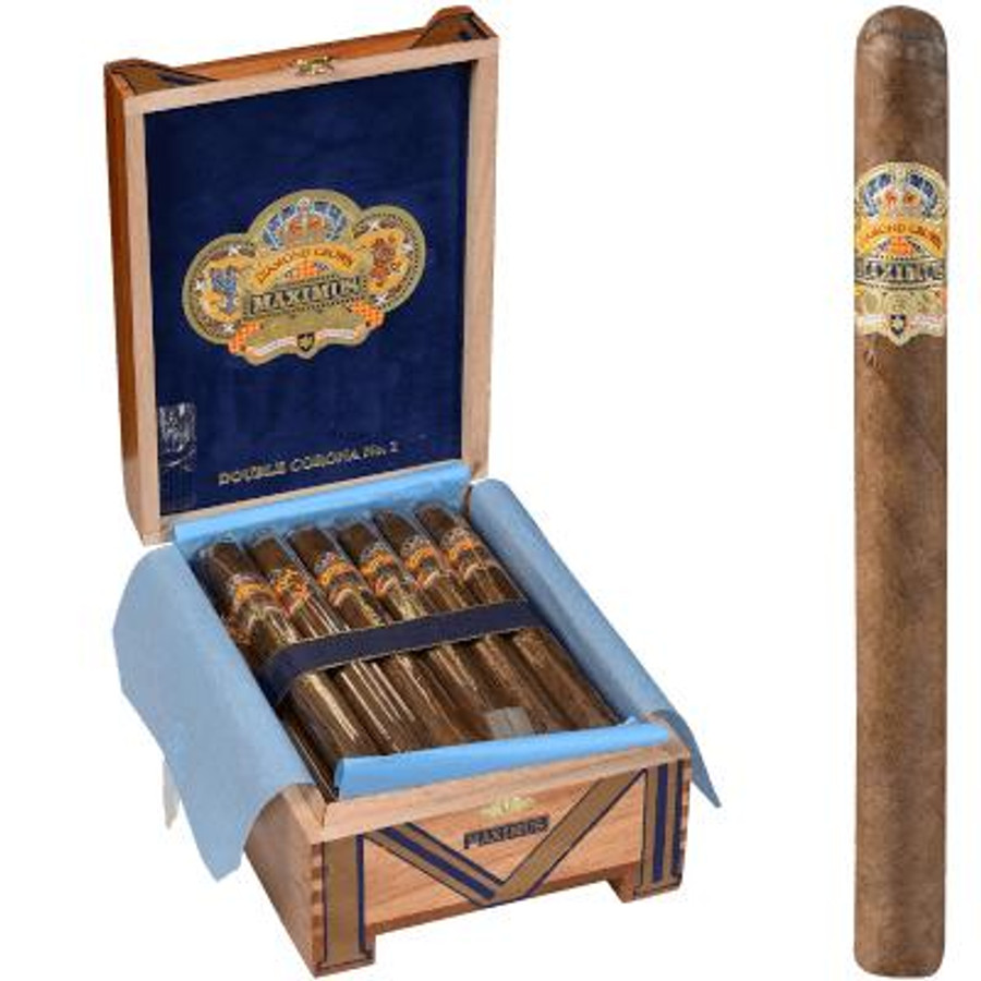 Diamond Crown Maximus Cigars Double Corona #1 20 Ct. Box 8.00X50, image of a wooden cigar box with a blue velvet interior holding twenty cigars with band displays, open to show cigars inside.
