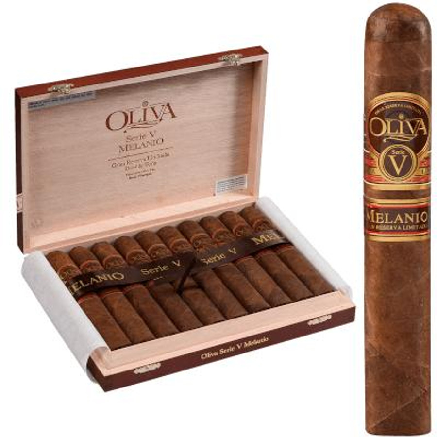 Oliva Serie V Melanio Cigar Double Toro 10 Ct. Box 6.00X60, image of a wooden box containing 10 premium cigars with the lid open, and an individual cigar with a gold and red band.