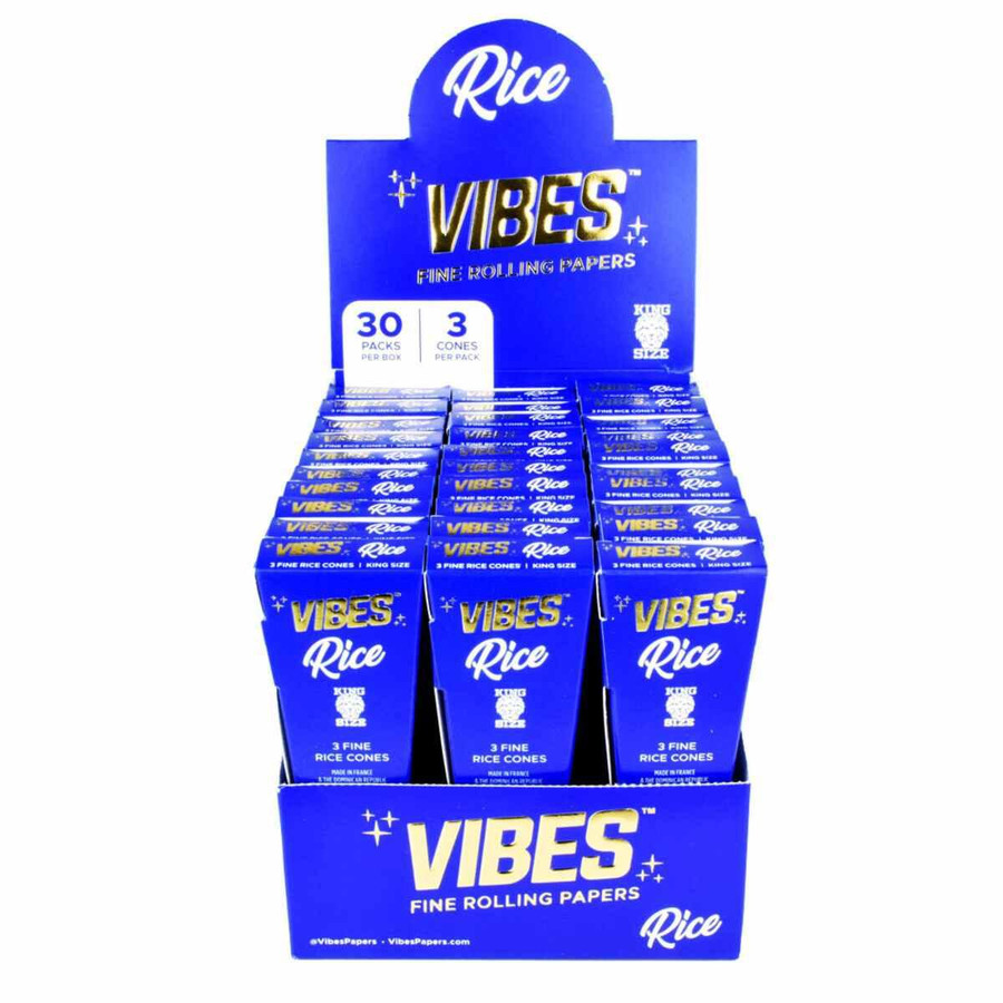 Vibes Rolling Paper Vibes Rice Cones Rolling Paper- Kingsize Slim 30 Pc, colorful packaging with 30 packs of fine rice cones in a display box.
