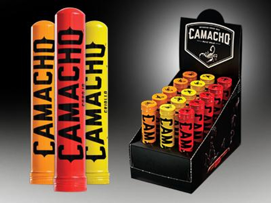 Camacho Robusto Cigar Tubo 15 Ct. Display, image showing colorful cylindrical cigar tubes in orange, red, and yellow with 'Camacho' branding, arranged in a black display box.
