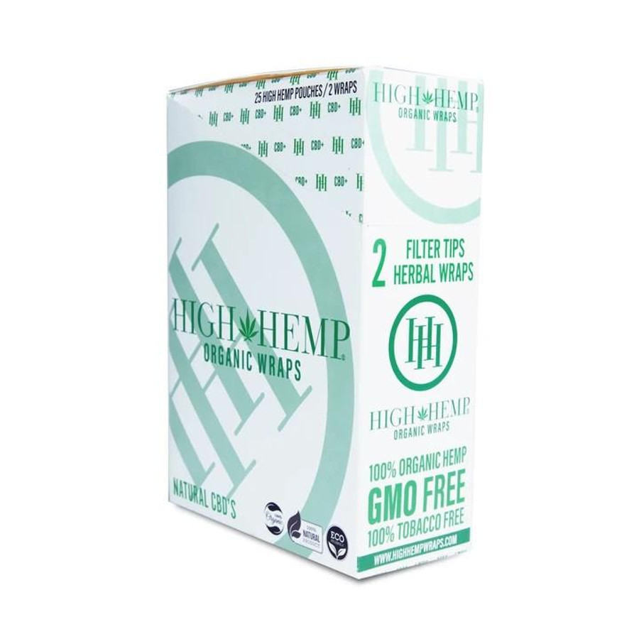 High Hemp Organic Wraps 25Ct/2, packaging box with green and white design showcasing herbal and GMO-free features. High Hemp Organic Wraps 25Ct/2, packaging box with green and white design showcasing herbal and GMO-free features.