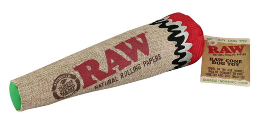 Raw Dog Chew Toy, natural rawhide cone shaped chew toy with a burlap appearance and red and black printed design.