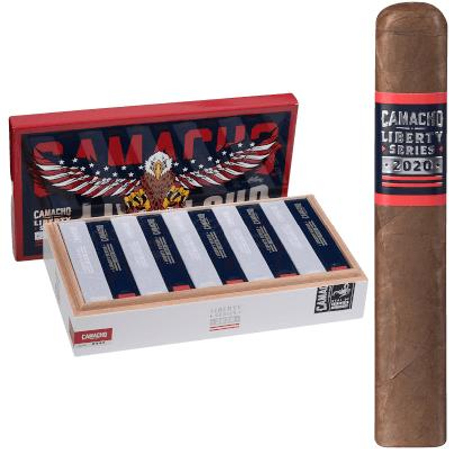Camacho Liberty 2020 Cigar Gordo BXP 20 Ct. Box, image of a sealed cigar box with cigars inside and a single cigar standing upright next to the box.