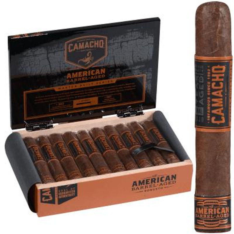 Camacho American Barrel-Aged Cigar Robusto 20 Ct. Box, an open box of cigars with a black and orange design, displaying 20 cigars inside along with one cigar standing outside the box.