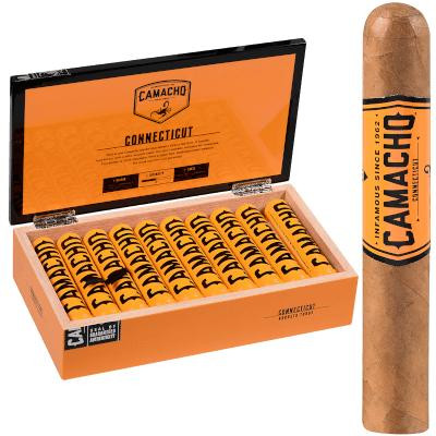 Camacho Connecticut Cigar Robusto Tubo 20 Ct. Box, an open orange box containing 20 cigars with black and orange branding, and a single cigar with a brown wrapper and black and orange band.