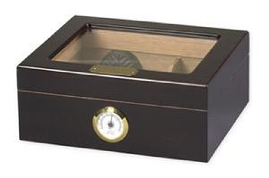 Quality Importers Humidors Capri Glass Top Cigar Humidor, a black wooden humidor with a glass lid and a hygrometer on the front for optimal cigar storage.