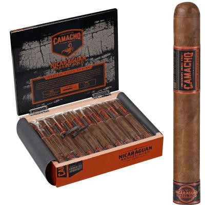 Camacho Nicaraguan Barrel-Aged Cigar Toro 20 Ct. Box, a box of 20 premium cigars with a closed and open view showing the cigars' rich brown wrappers and branding.