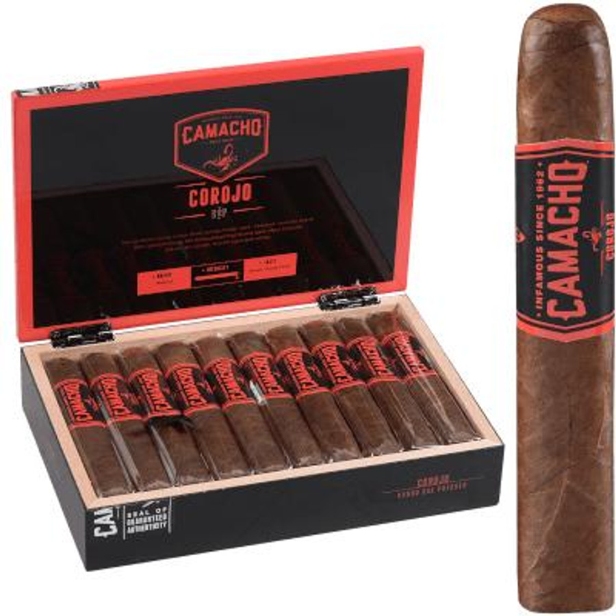 Camacho Corojo Bxp Cigar Gordo 20 Ct. Box, image of an open box containing 20 cigars with red and black packaging and a single cigar standing upright showing the label. Camacho Corojo Bxp Cigar Gordo 20 Ct. Box, image of an open box containing 20 cigars with red and black packaging and a single cigar standing upright showing the label.