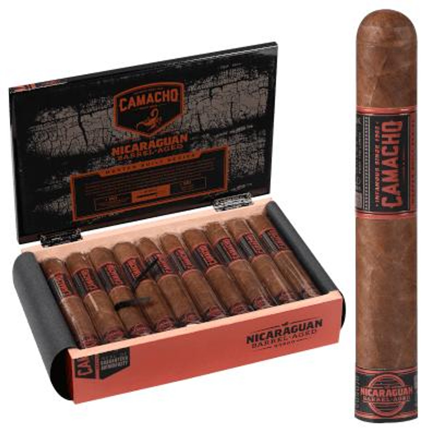 Camacho Nicaraguan Barrel-Aged Cigar Gordo 20 Ct. Box, open box displaying cigars and a single cigar standing upright beside the box.