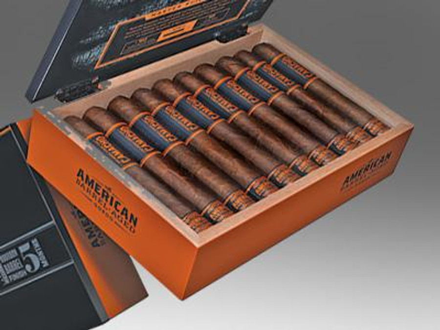 Camacho American Barrel-Aged Cigar Gordo 20 Ct. Box, open box showing 20 cigars with orange and black branding.
