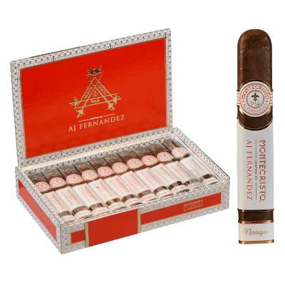 Montecristo Crafted By Aj Fernandez Cigars Robusto 10 Ct. Box, open box displaying individually wrapped cigars with red and white packaging and logo, alongside a single cigar standing upright.