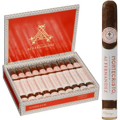 Montecristo Crafted By AJ Fernandez Cigars Toro 10 Ct. Box, featuring a red and white luxury cigar box open to show ten premium cigars inside, with a single cigar showcased alongside.