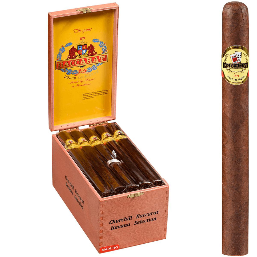 Baccarat Cigars Churchill Maduro 25 Ct. Box 7.00X48, showing a wooden box containing five Churchill Maduro cigars with a close-up of one cigar with a yellow and gold band.