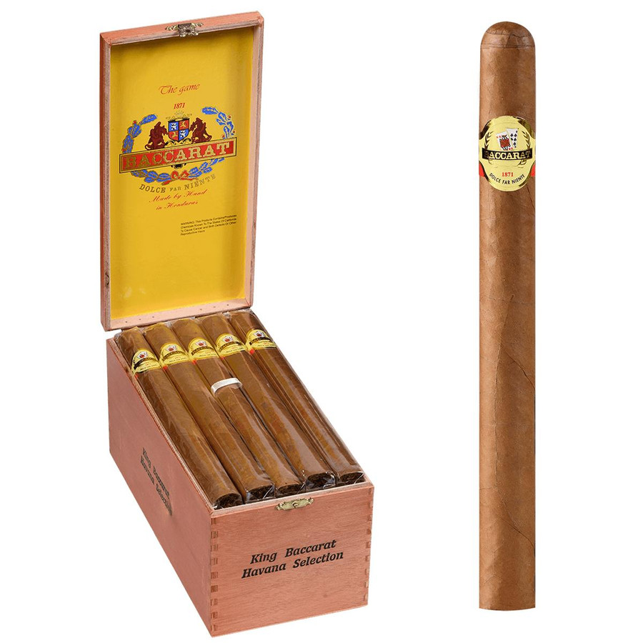 Baccarat Cigars King Natural 25 Ct. Box 8.50X52, in a wooden box with a yellow interior displaying five cigars with yellow and red bands, and a single cigar with a similar band outside the box.