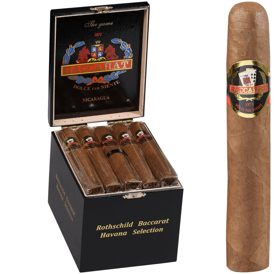 Baccarat Cigars Nicaragua Rothschild 5.00 x 50, premium cigars in a black wooden box with gold lettering, featuring five cigars with gold and red labels including the Baccarat logo.