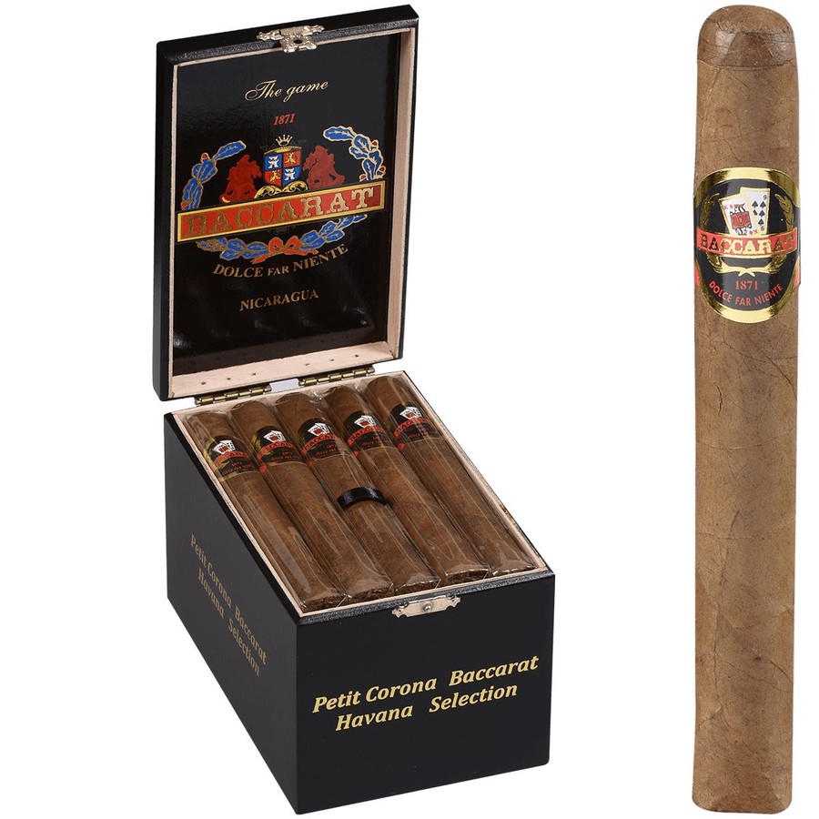 Product Baccarat Cigars Nicaragua Petit Corona 5.25 x 42, shown in a black presentation box with five cigars inside, each wrapped in clear bands with the Baccarat logo, and a single cigar outside displaying the label with a shield and red banner.