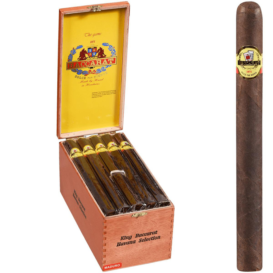 Product Baccarat Cigars King Maduro 25 Ct. Box 8.50X52, close-up of a single dark brown cigar with a gold and red label.