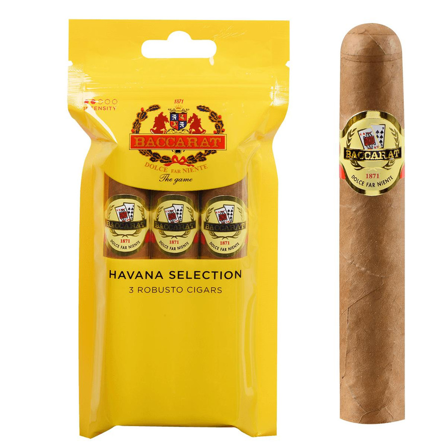 Baccarat Cigars Rothschild Natural Fresh Pack 5/3 Ct, yellow packaging with three cigars inside and one outside, featuring the Baccarat logo with a shield and lion emblem, and the text '1871 Dolce Far Niente'.
