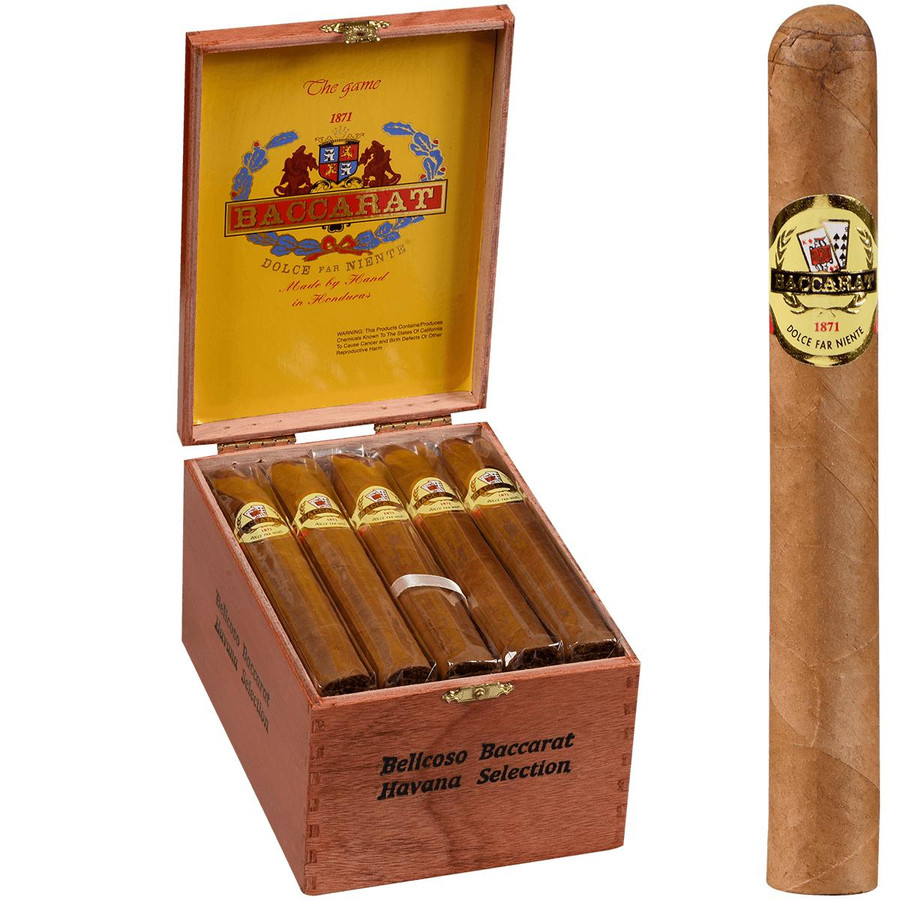 Baccarat Cigars The Game Belicoso 20 Ct. Box 6.12X42X54, wooden cigar box with five cigars inside, featuring gold and red label with the Baccarat logo and vintage-style design.