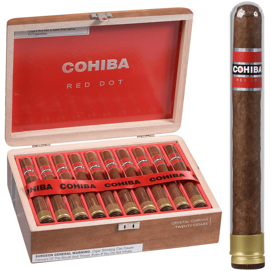 Cohiba Cigars Corona Crystal 20 Ct. Box 5.50X42, image of wooden cigar box containing twenty cigars with a single cigar placed beside it, featuring red, black, and gold branding.