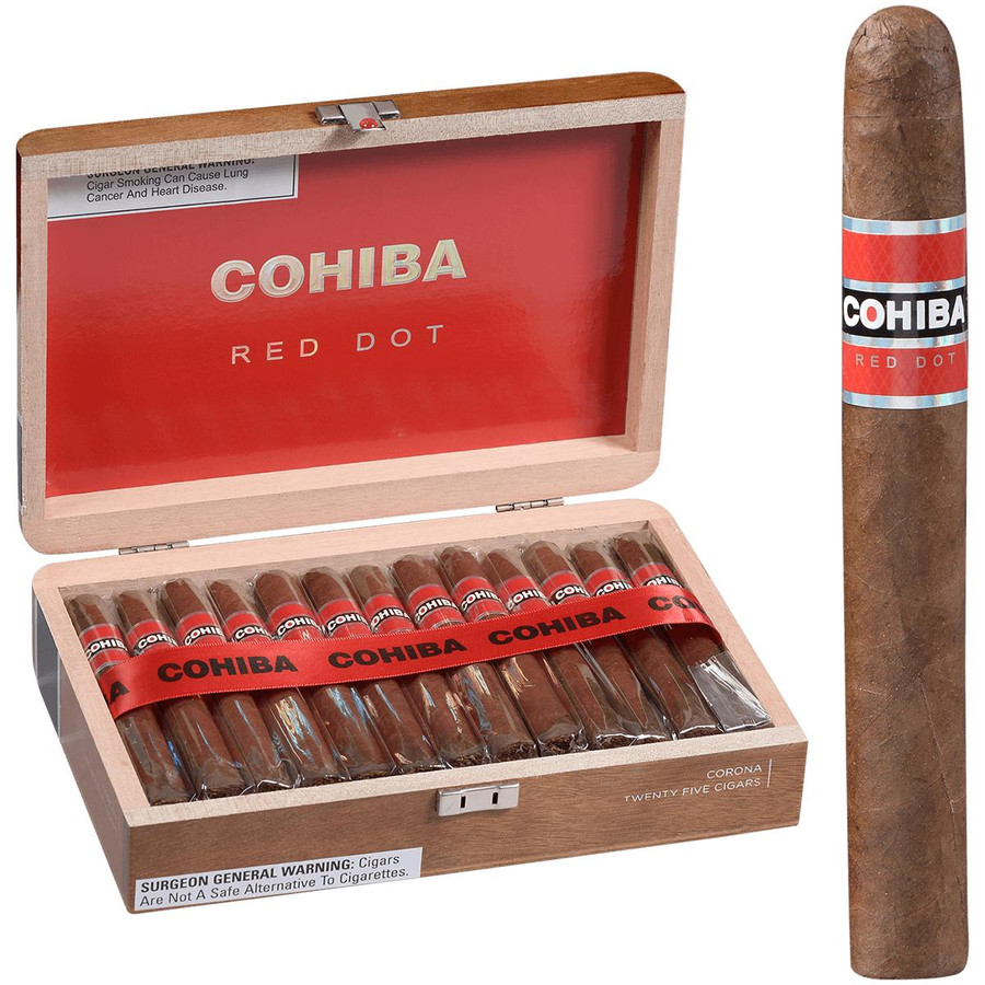 Cohiba Cigars Red Dot Corona 25 Count Box, featuring a wooden box filled with individually wrapped cigars and a single cigar with a red and black band.