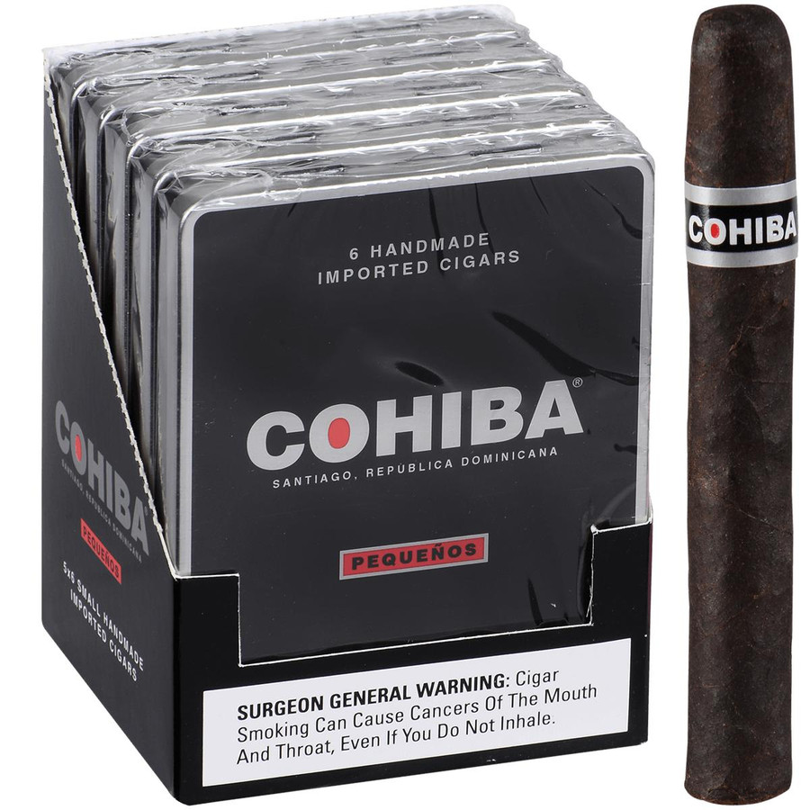 Cohiba Cigars Black Pequenos 5/6 Tins 4.13X34, image showing a pack of small handmade imported cigars with a single cigar standing next to the pack.