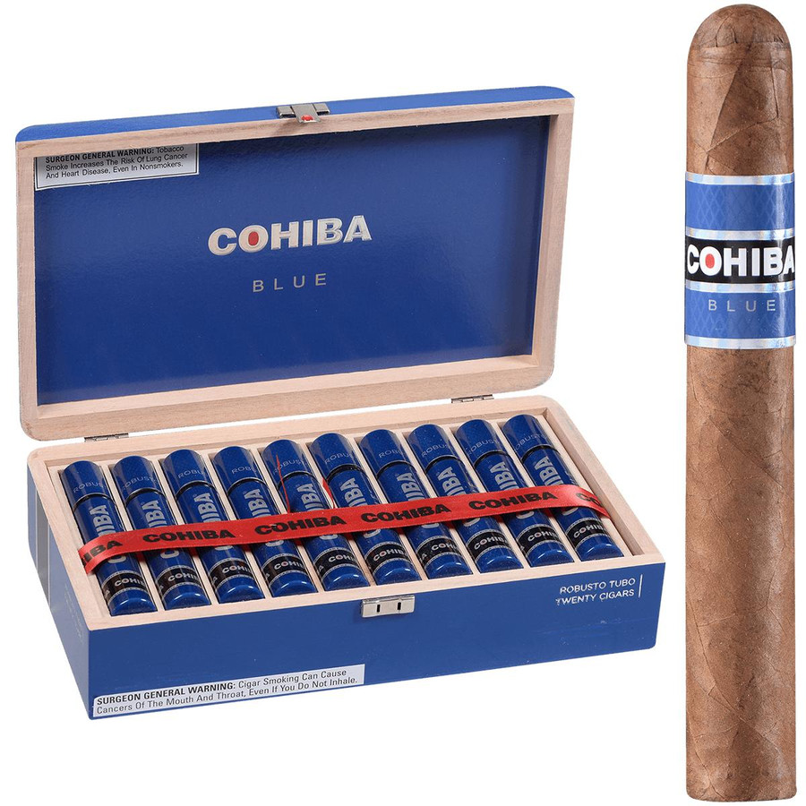 Cohiba Cigars Blue Robusto Tube 20 Ct. Box 5.50x50, image of a blue wooden box containing twenty cigars with a single cigar placed beside the box, each cigar wrapped in blue and black bands with the Cohiba logo. Cohiba Cigars Blue Robusto Tube 20 Ct. Box 5.50x50, image of a blue wooden box containing twenty cigars with a single cigar placed beside the box, each cigar wrapped in blue and black bands with the Cohiba logo.