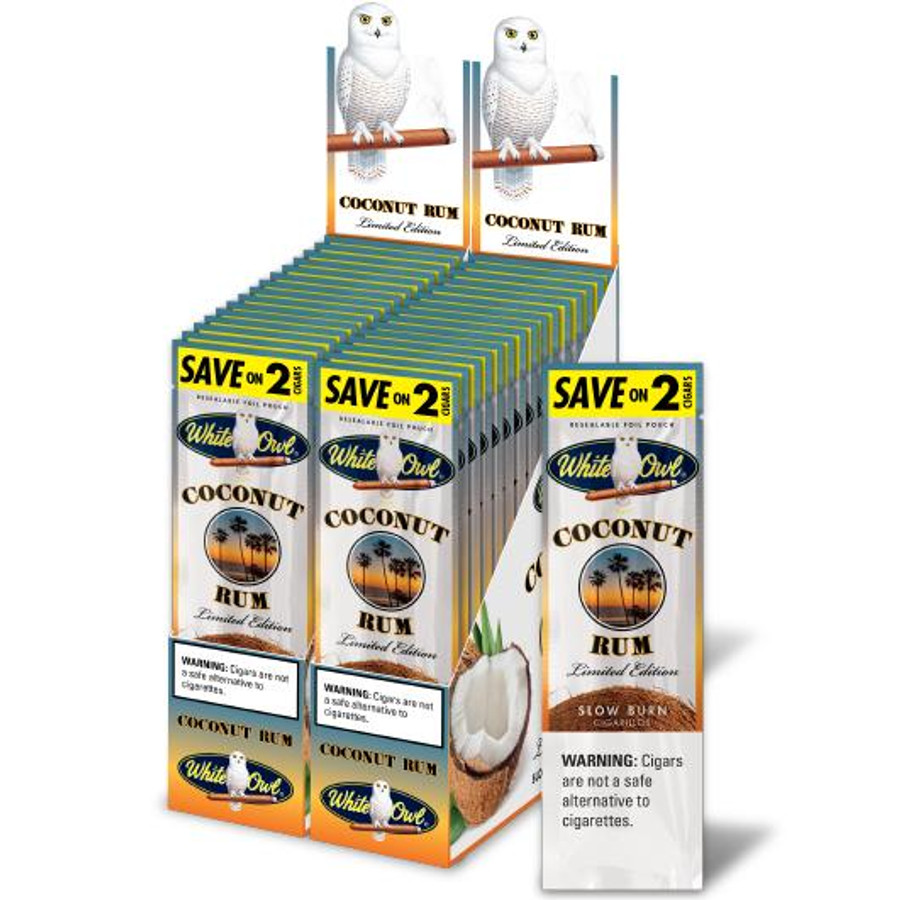 Swedish Match White Owl Cigarillos Coconut Rum 30 Pouches of 2, product display with cigarillo boxes featuring owl logo and coconut rum flavor, displayed in a retail box.