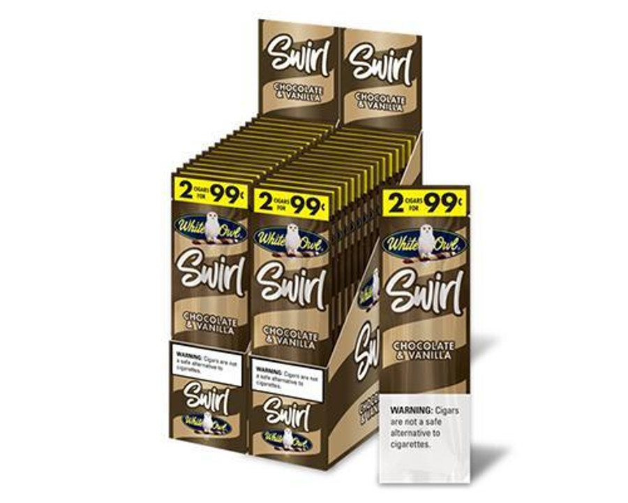 Swedish Match White Owl Cigarillos Swirl Chocolate & Vanilla, display of 30 pouches of 2, featuring chocolate and vanilla flavored cigarillos in a brown and gold packaging with promotional signs.