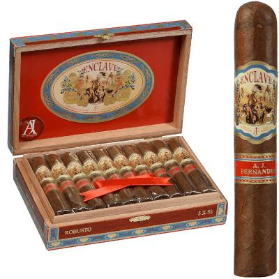 Enclave By AJ Fernandez Cigars Robusto 20 Ct. Box, featuring a wooden box with 20 cigars inside and one cigar displayed outside the box.