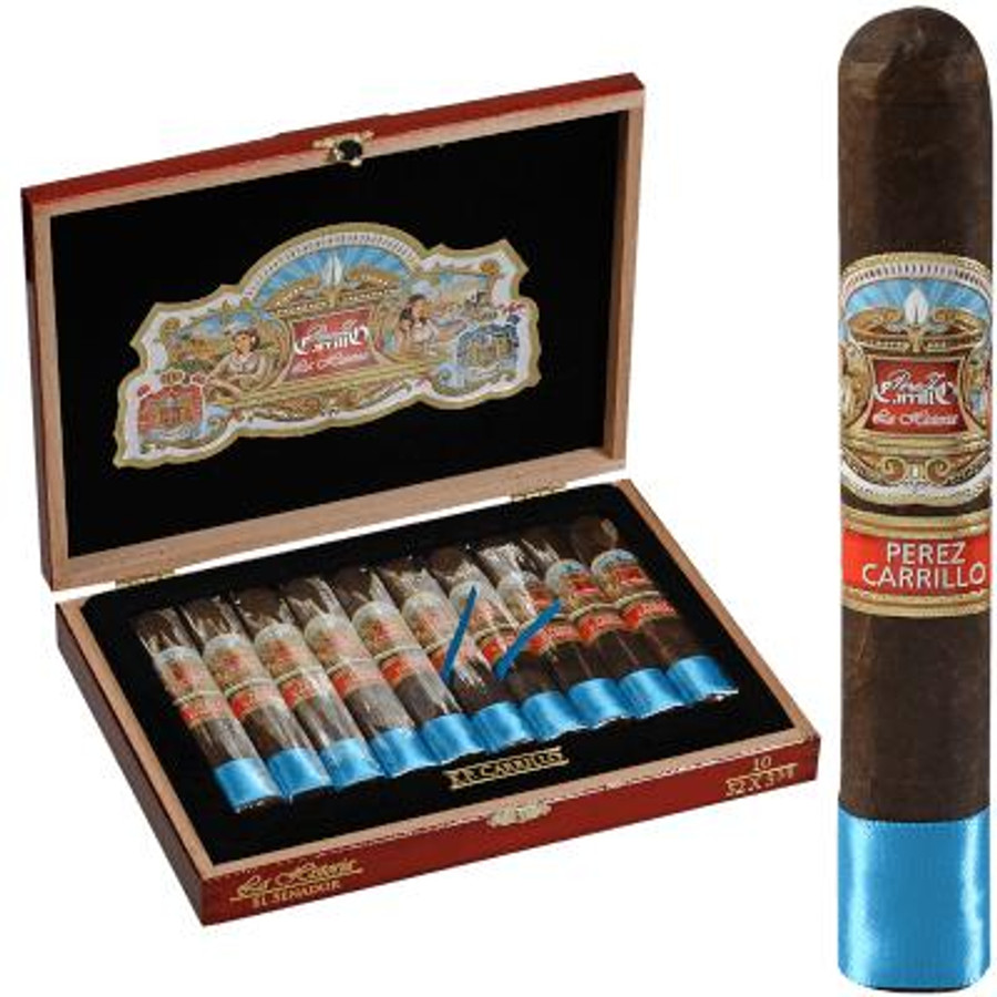 E.P Carrillo Cigars Perez Carrillo La Historia El Senador Cigars 10 Ct. Box, open box displaying ten cigars with colorful band and blue foot band, and a single cigar standing upright with similar band.
