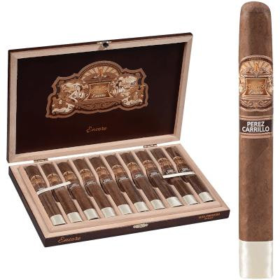 E.P Carrillo Cigars EP Carrillo Encore El Primero Cigars 10 Ct. Box, opened wooden cigar box containing ten cigars and a single cigar with branding on the label.