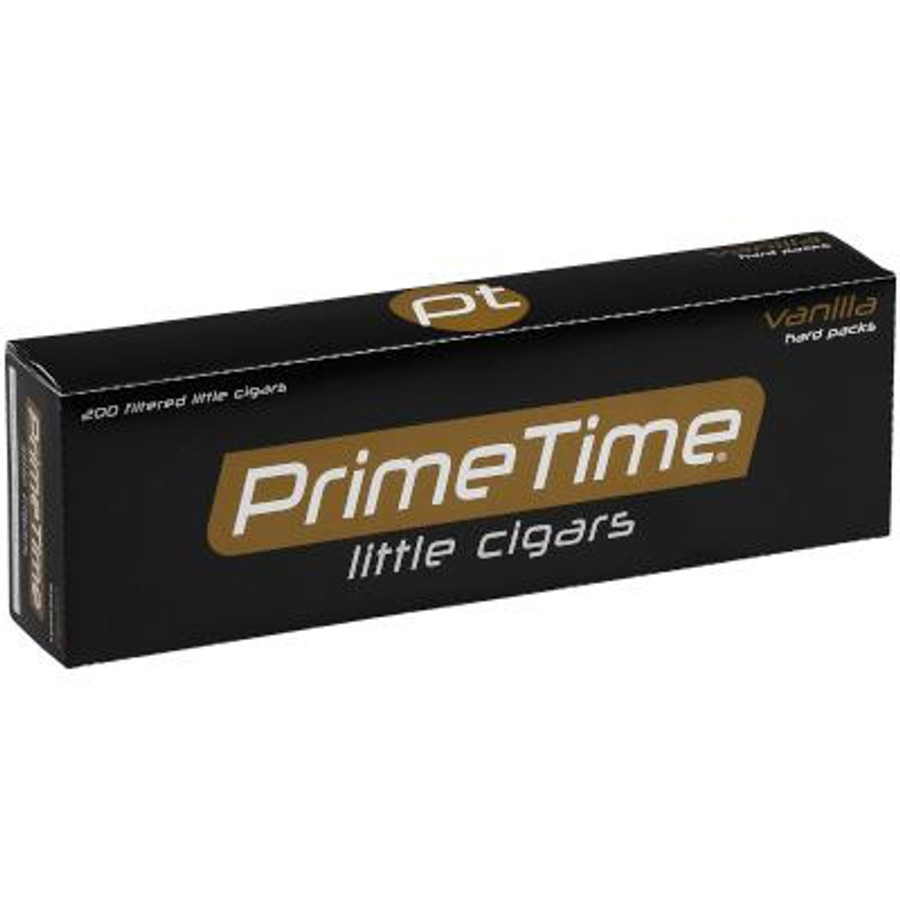 Prime Time Little Cigars Vanilla 10/20, rectangular black box with gold and white branding and text indicating vanilla flavor and quantity.
