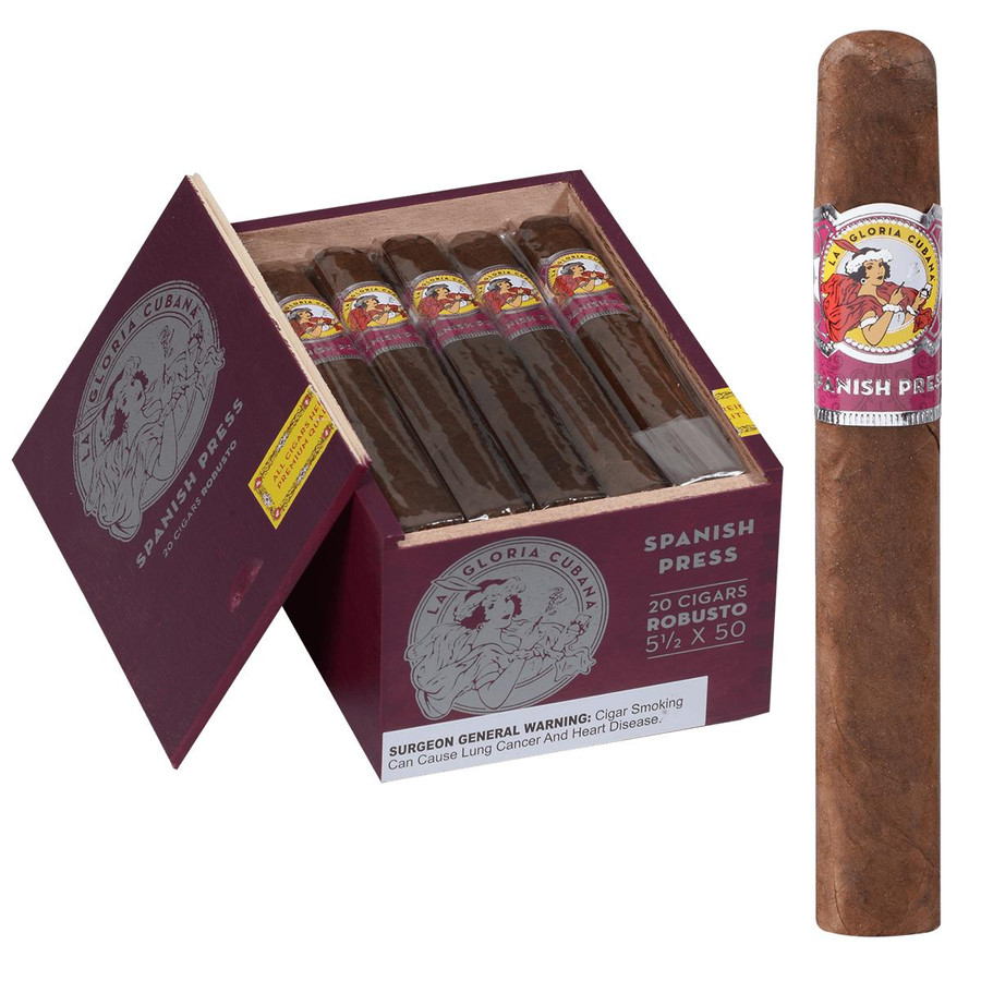 La Gloria Cubana Cigars Spanish Press Robusto 20 Ct. Box 5.50x50, showcasing a box of 20 cigars with a single cigar standing upright next to the box, all featuring colorful labels with a woman illustration.