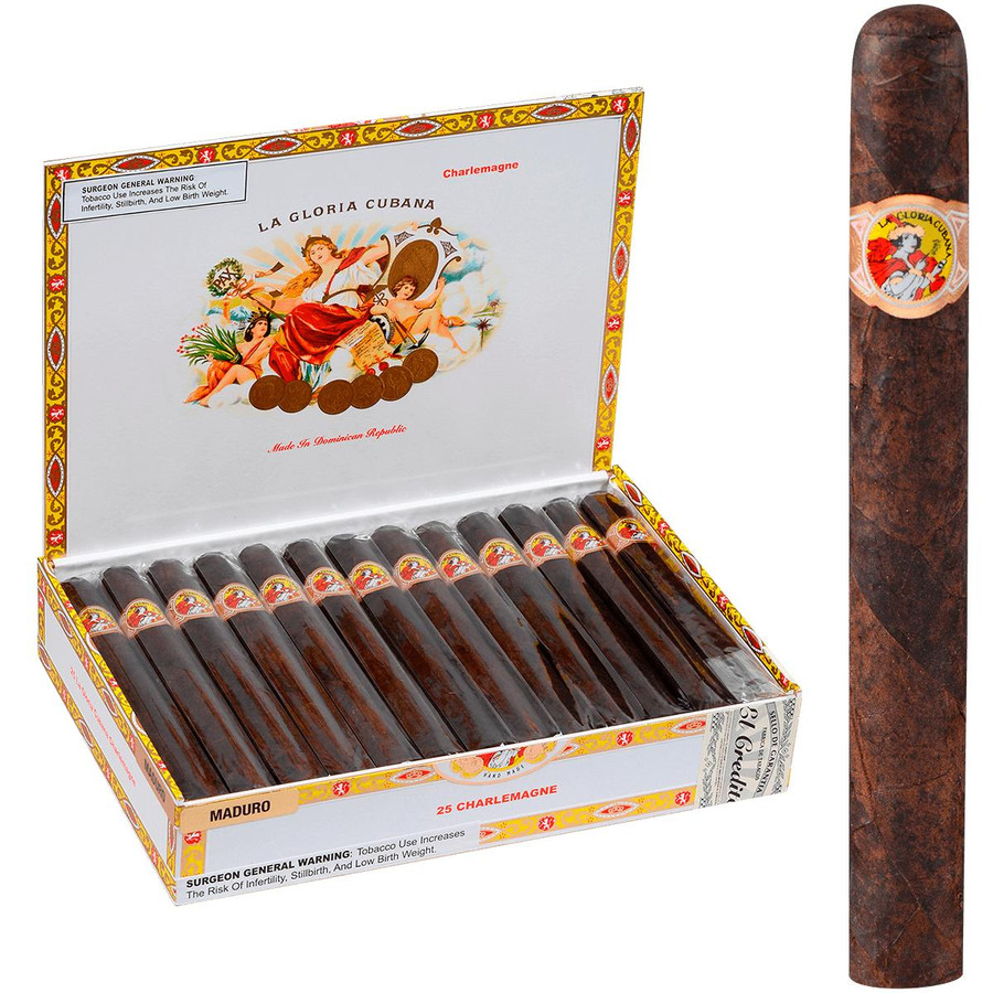La Gloria Cubana Cigars Charlemagne Maduro 25 Ct. Box 7.25X54, open cigar box with dark brown cigars featuring colorful labels, and one cigar with a close-up view showing the Maduro wrapper.