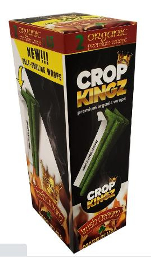 Crop Kingz Wraps Crop Kingz Premium Organic Hemp Wraps Irish Cream, product packaging featuring a black and yellow box with green hemp wrap inside, and Irish Cream flavor label.