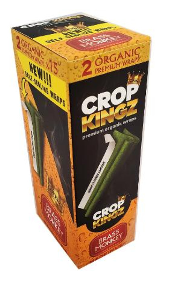 Crop Kingz Wraps, packaging of Crop Kingz Premium Organic Hemp Wraps Brass Monkey flavor showing two hemp wraps in green and white and promotional information.