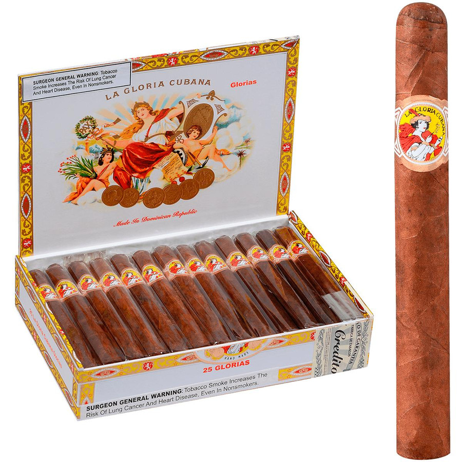 La Gloria Cubana Cigars Glorias Natural 25 Ct. Box 5.50X43, pack of premium cigars with colorful packaging and a single cigar with a La Gloria Cubana labeled band.
