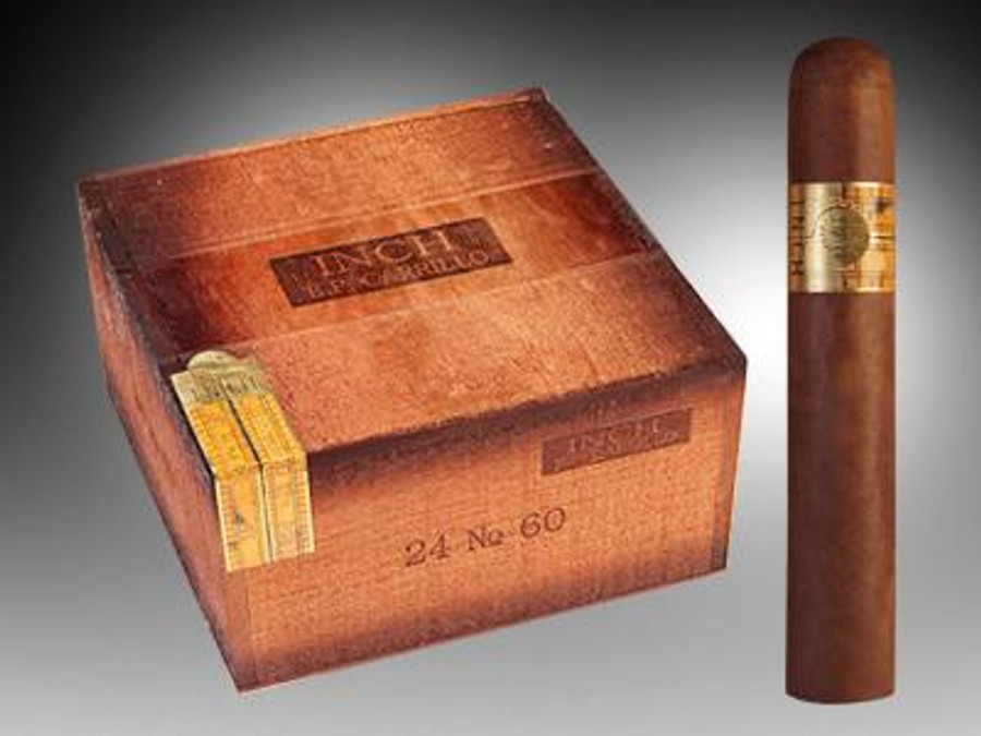 E.P Carrillo Cigars Inch Natural Cigars No.60 24 Ct. Box, wooden cigar box with the product name and number 60, alongside a single cigar with a gold band.